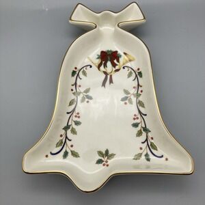 MIKASA Bell Fine Porcelain Christmas Candy Trinket Dish Goldtone Trim 8.75x6.5"